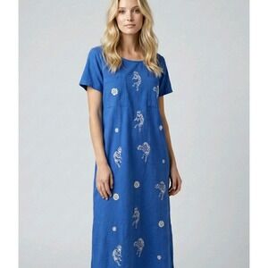 Vintage Tanuja USA Blue Dress XL Kokopelli Southwestern Cotton Pockets 90s Art